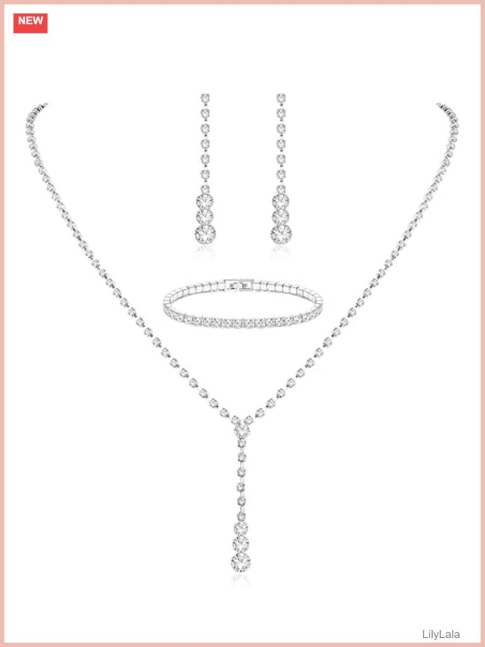 Silver Rhinestone Bridal Jewelry Set Necklace Dangle Earrings Bracelet Wedding